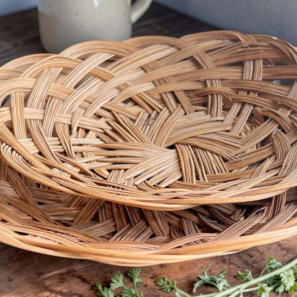 Vtg Woven Rattan‎ Wicker Basket Set 2 Round Boho Hand Made in Philippines Tan